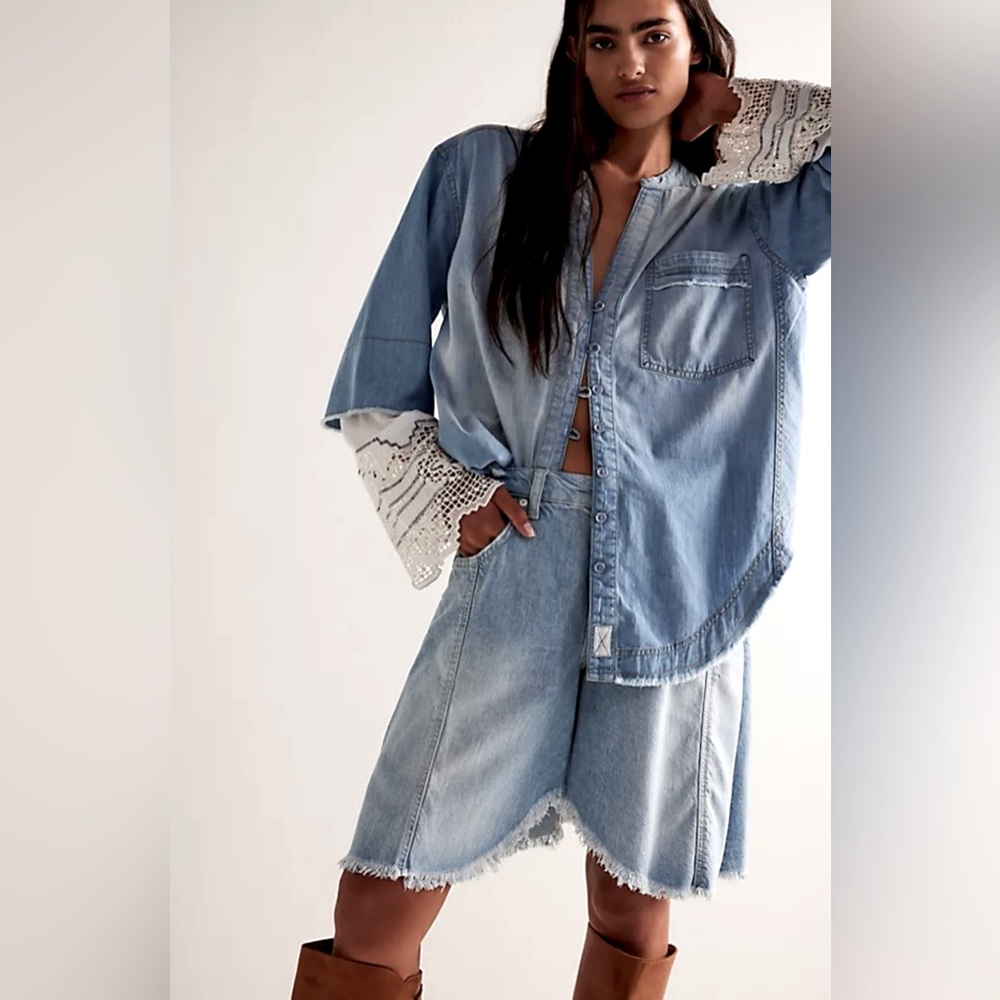 We The Free Lace and Denim Top